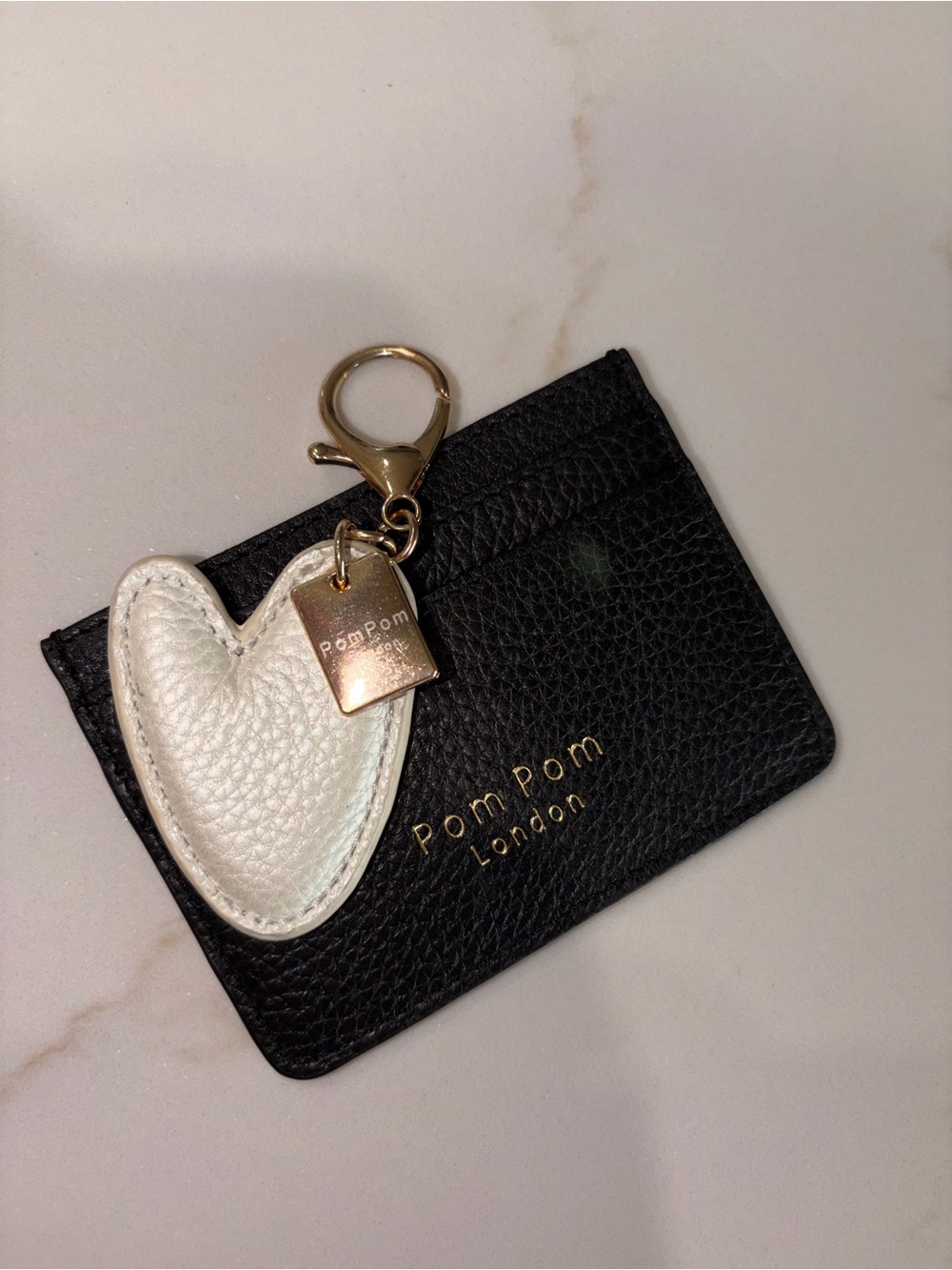 Pom Pom London black card case + pearl white heart keychain bundle NEW